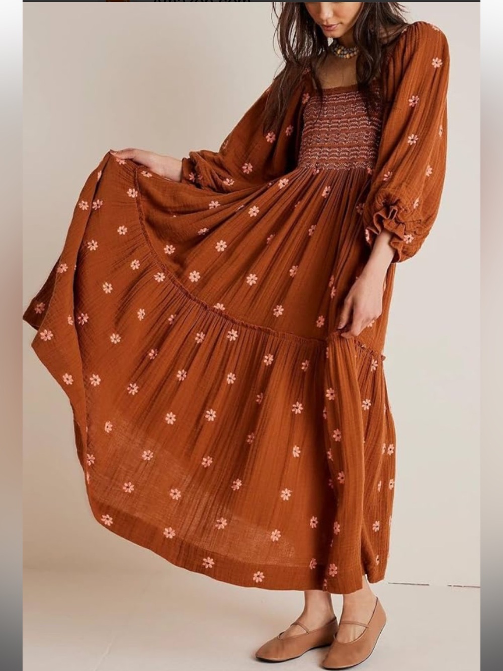 Free People Dahlia Embroidered Floral Smocked Maxi Dress RARE Terracotta & Pink🌸